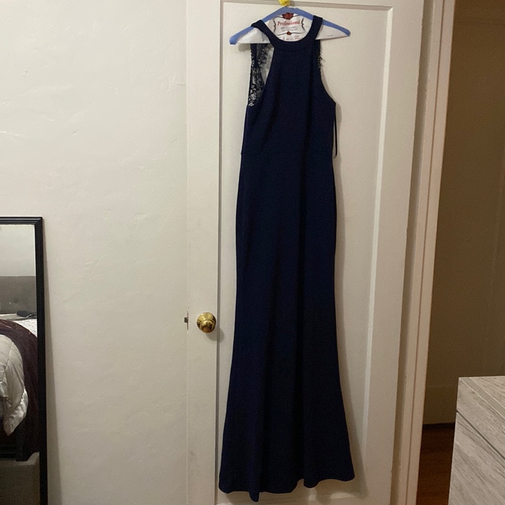 Navy long dress worn for a wedding